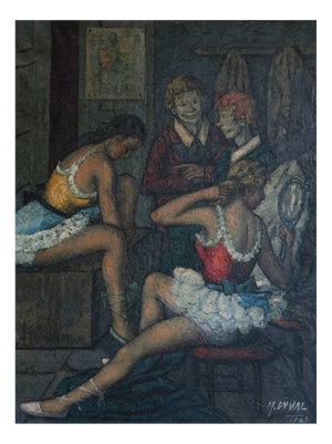 M. Duval, Backstage with Clowns and Dancers, 1950s, Oil on Canvas