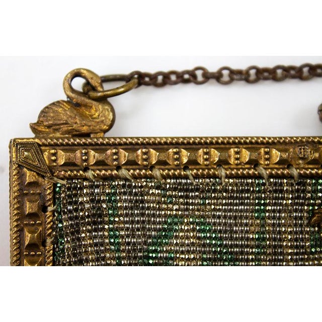 Art Deco Micro Beaded Bag Purse Great Condition Swans on Frame Mirror Green For Sale - Image 4 of 6