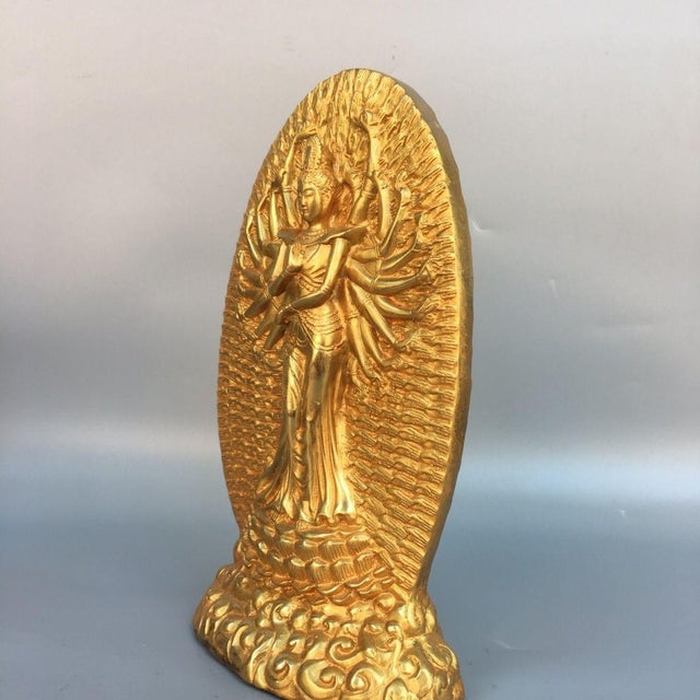 Traditional Late 20th Century Gilt Brass Thousand-Armed Avalokiteshvara Sculpture, Standing Lotus Statue For Sale - Image 3 of 9