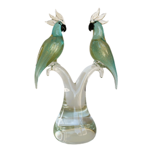 Murano “Twin Cockatoos” Sommerso Aqua Gold Glass Sculpture