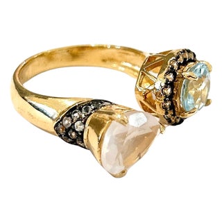 Bochic "Orient" Vintage Rose Quartz & Blue Topaz Ring Set In 18K Gold & Silver For Sale