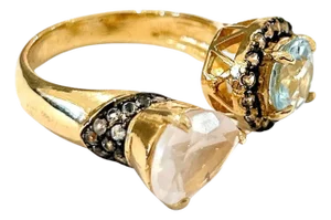 Bochic "Orient" Vintage Rose Quartz & Blue Topaz Ring Set In 18K Gold & Silver