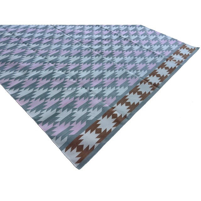 Handmade Cotton Area Rug, Vegetable Dyed, Gray, Pink, Cream and Tan Geometric Dhurrie -6'x12' For Sale - Image 6 of 13