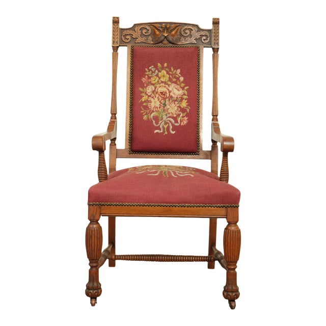 Antique Victorian Renaissance "Grotesque" Carved Oak Needlepoint Armchair For Sale