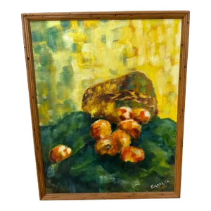 Midcentury Apples and Basket Still Life Acrylic Painting by Gravella 1962
