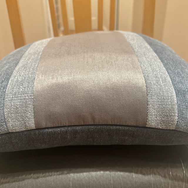 Handcrafted decorative pillow case. Coastal blue, sky blue and silver block/stripe velvet and solid costal blue back,...