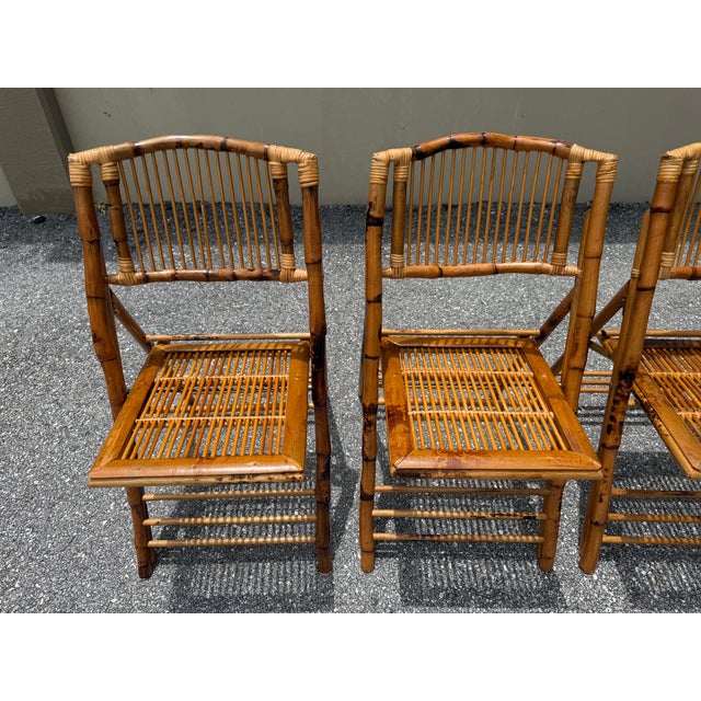 Wood 1990s Boho Chic Rattan Burnt Finish Folding Dining Chairs - Set of 10 For Sale - Image 7 of 15