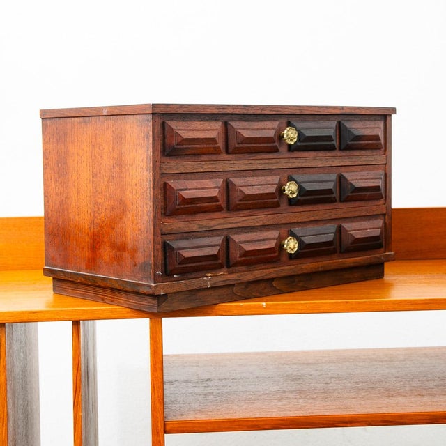Ricardo Lynn & Co mid century modern fully finished solid walnut unique jewelry storage box. Three Drawers with storage...