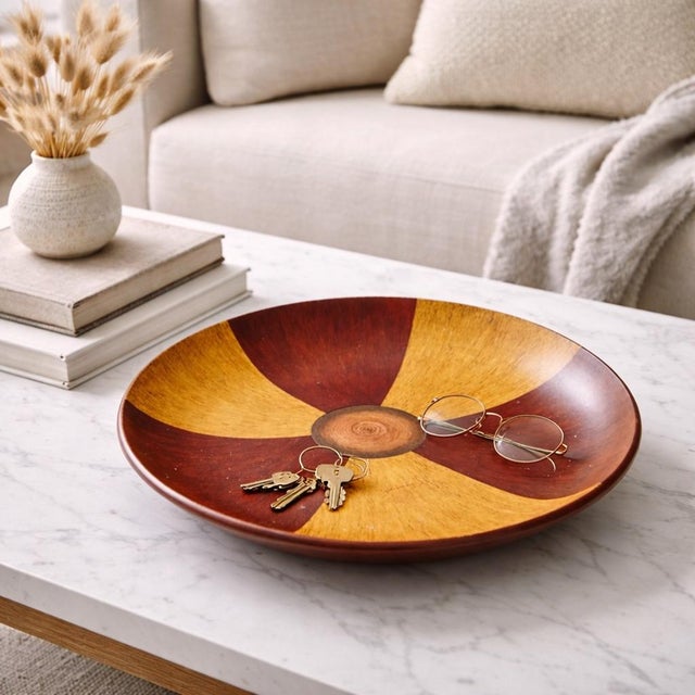 Late 20th Century Vintage Faux Bois Ceramic Centerpiece Bowl — Large 16” Sunburst Woodgrain Decorative Tray For Sale - Image 5 of 6