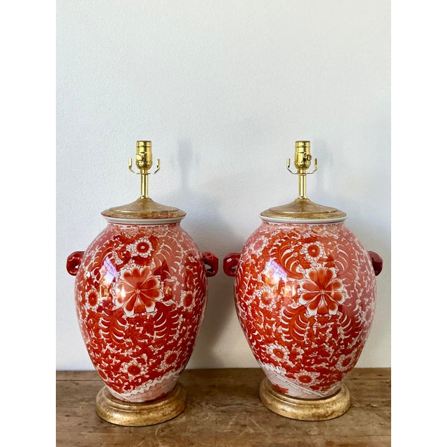 Vintage Boho Floral Glazed Ceramic Lamps - A Pair For Sale - Image 4 of 12