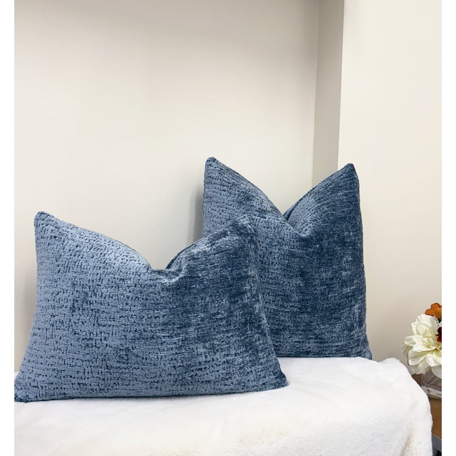 Wedgewood Blue Chenille 20x20 Throw Pillow With Feather Down Insert For Sale - Image 4 of 8