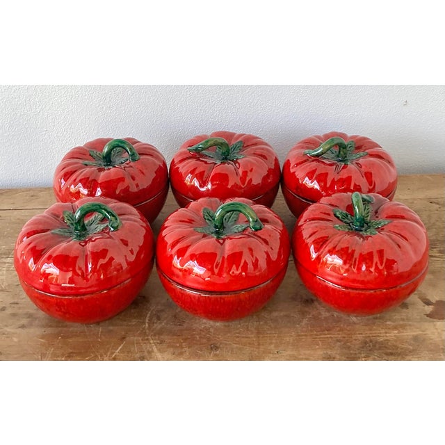 Vintage 1960s Italian Glazed Ceramic Tomato Lidded Bowls - Set of 6 For Sale - Image 4 of 11