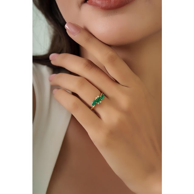 Not Yet Made - Made To Order 1 Carat Emerald & Diamond Three Stone Cluster Ring Size 8 in 14k Yellow Gold For Sale - Image 5 of 16