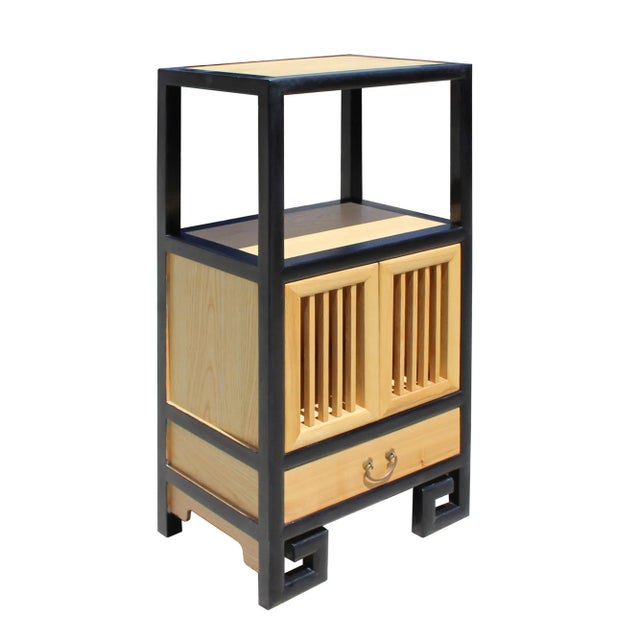 2010s Oriental Black Rim Natural Wood Narrow Storage Display Bookcase Cabinet For Sale - Image 5 of 6