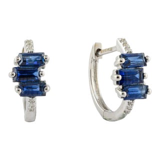 Small Sapphire Diamond Huggie Hoop Earrings in 18kt Solid White Gold for Her - 2 Pieces For Sale