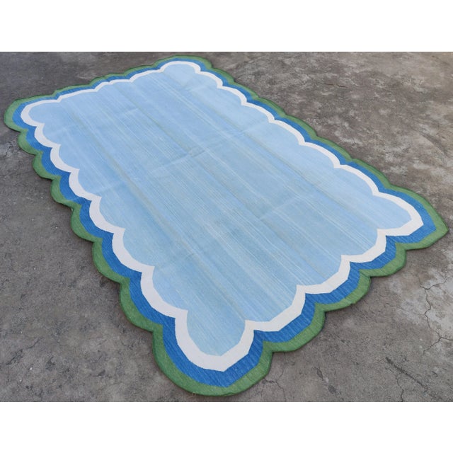 Sky Blue Handmade Cotton Vegetable Dyed Scalloped Edge Rug Sky Blue With Cream Blue and Forest Green Border - 9x12 For Sale - Image 8 of 11