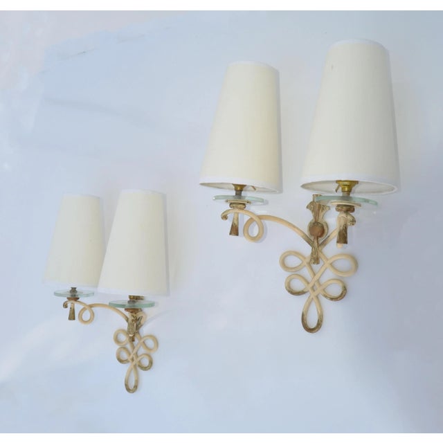 French Wrought Iron & Round Glass Sconces Cone Shades, Wall Lights Art Deco 1950 For Sale In Miami - Image 6 of 13