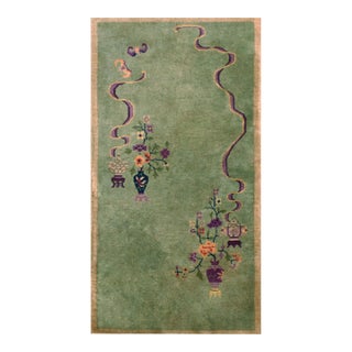 1920s Green Floral Antique Chinese Art Deco Rug 3' 0'' X 5' 8'' Handknotted Wool Carpet For Sale