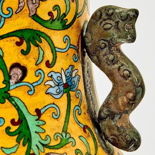 Pair of Chinese Yellow Cloisonné Vases For Sale - Image 4 of 5