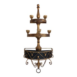 Vintage Black and Gold Toile Candelabra Wall Pocket Sconce, Wall Planter, Wall Sconce For Sale