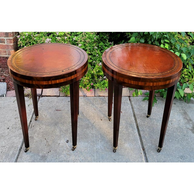 Mid 20th Century Pair of Vintage Round Leather Top Occasional Tables on Casters For Sale - Image 4 of 9
