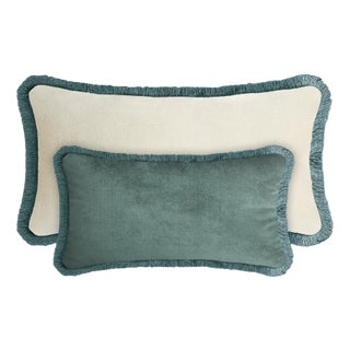 Couple Happy Pillow in Teal and White Velvet with Fringes from Lo Decor, Set of 2 For Sale