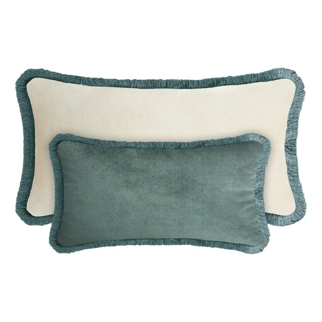Couple Happy Pillow in Teal and White Velvet with Fringes from Lo Decor, Set of 2 For Sale