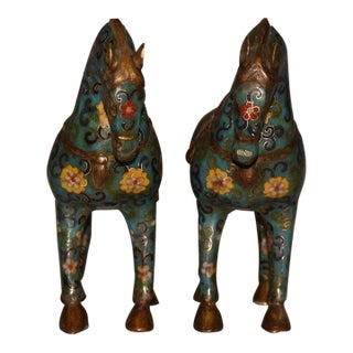 Pair of Vintage Chinese Cloisonné Tang Horses With Saddles - Turquoise Ground For Sale