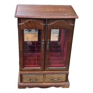 Vintage Wooden Jewelry Armoire With Etched Glass Doors & Red Velvet Lined Interior For Sale