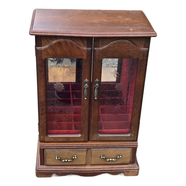 Vintage Wooden Jewelry Armoire With Etched Glass Doors & Red Velvet Lined Interior For Sale