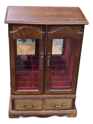 Vintage Wooden Jewelry Armoire With Etched Glass Doors & Red Velvet Lined Interior