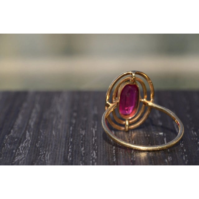 Contemporary The Elysium: Delicate Yellow Gold Ring with Double Halo of White Enamel and with Synthetic Ruby For Sale - Image 3 of 7
