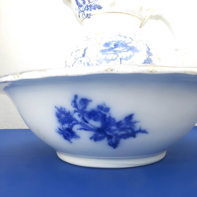 Victorian Antique Flow Blue Wash Set | F. Winkle & Co. Pitcher & w.h. Grindley Basin | Stoke-on-Trent, England | Late 19th Century For Sale - Image 3 of 12