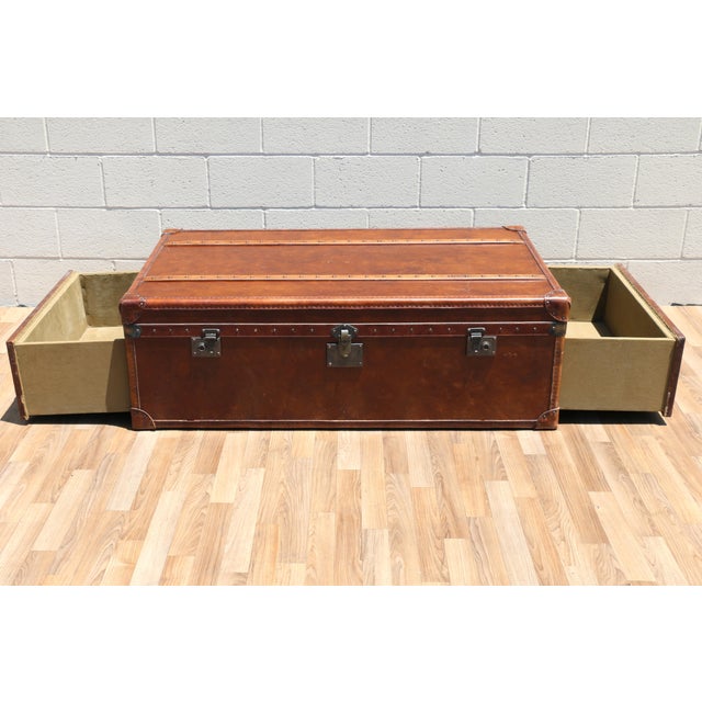 Animal Skin Restoration Hardware Vintage Leather Trunk Coffee Table | Campaign Style Storage Chest Cocktail Table For Sale - Image 7 of 18
