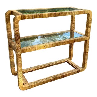 Boho Chic Console Shelf Table | Wrapped Rattan With Glass Shelves For Sale