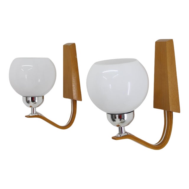 Wooden Wall Lamps with Glass Shades attributed to Drevo Humpolec, Former Czechoslovkia, 1960s, Set of 2 For Sale