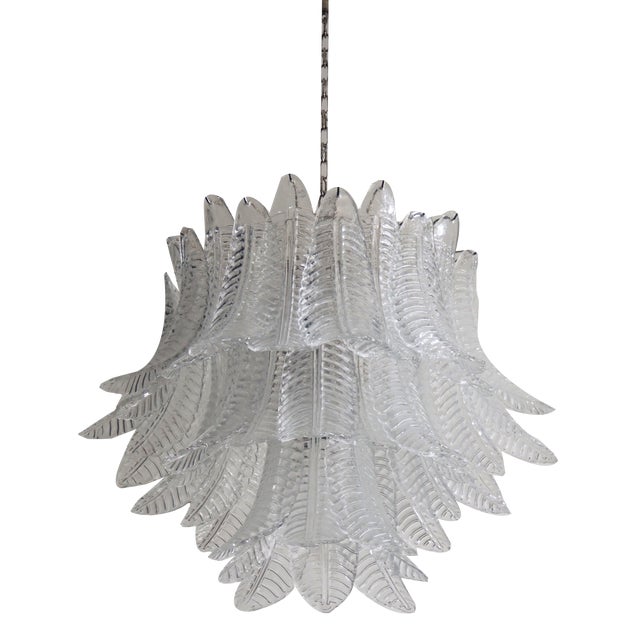 Italian Murano Three-Tier 48 Transparent Felci Glass Chandelier, 1990s For Sale