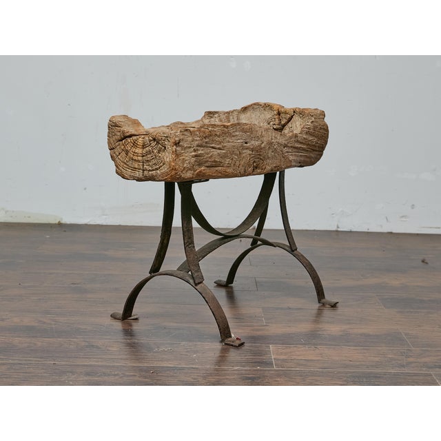 Rustic Mid-Century Wooden Trough Accent Table on Custom Iron Base For Sale - Image 12 of 12