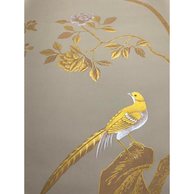 Hand-Painted Gold Chinoiserie Wallpaper Panels – Luxury Botanical Wall Mural, Elegant Bird & Floral Design, 3 Panels 29x96” For Sale - Image 4 of 5