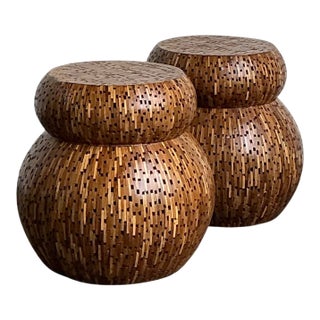 Vintage Wood Mosaic Low Stools - A Pair For Sale