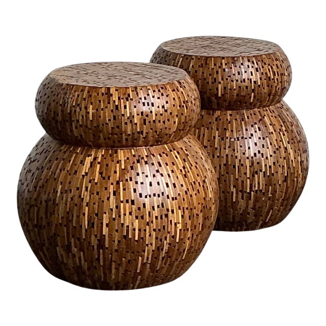 Vintage Wood Mosaic Low Stools - A Pair For Sale