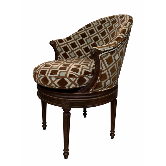 French 1990s Louis XVI Style Upholstered Swivel Chair For Sale - Image 3 of 6