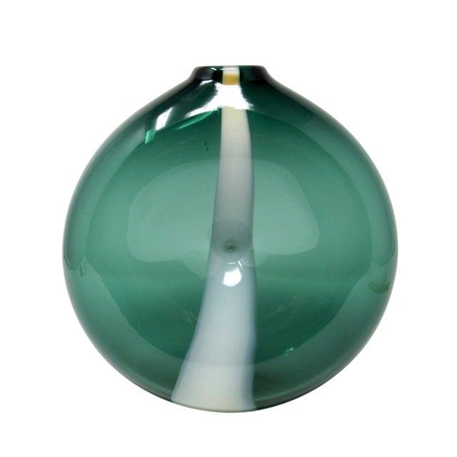 Glass Hand-Blown Dimpled Green Glass Vase With White Stripe For Sale - Image 7 of 9