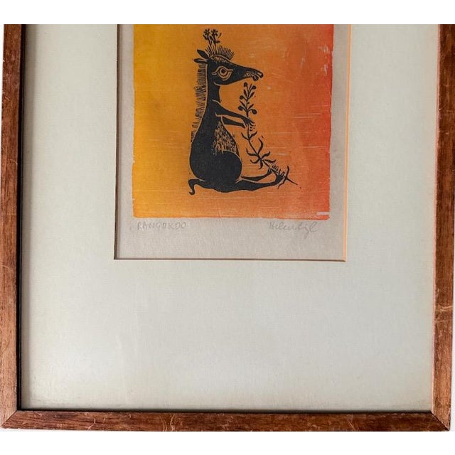 1960s Vintage Helen Siegl Hand-Signed Fine Art Woodcut Print Rangoroo Mid Century Modern Folk Art Whimsical Animal Custom Framed For Sale - Image 5 of 10