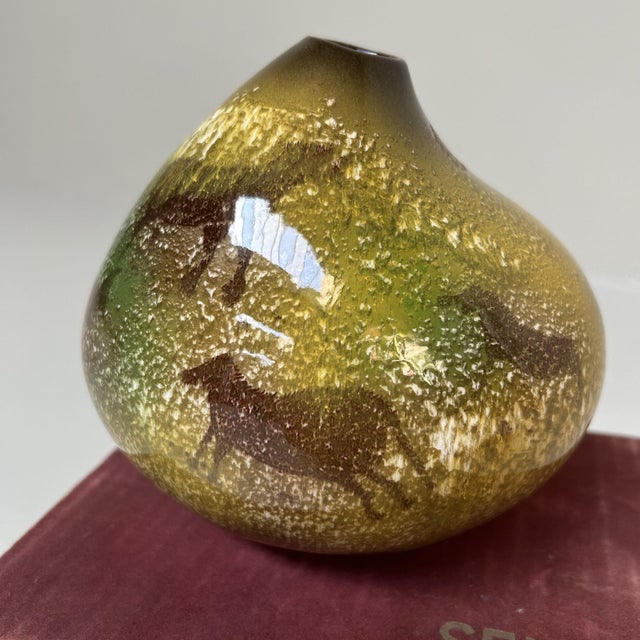 This exceptional Japanese Seyei Majolica vase from the 1970s is inspired by the prehistoric cave paintings of Lascaux....