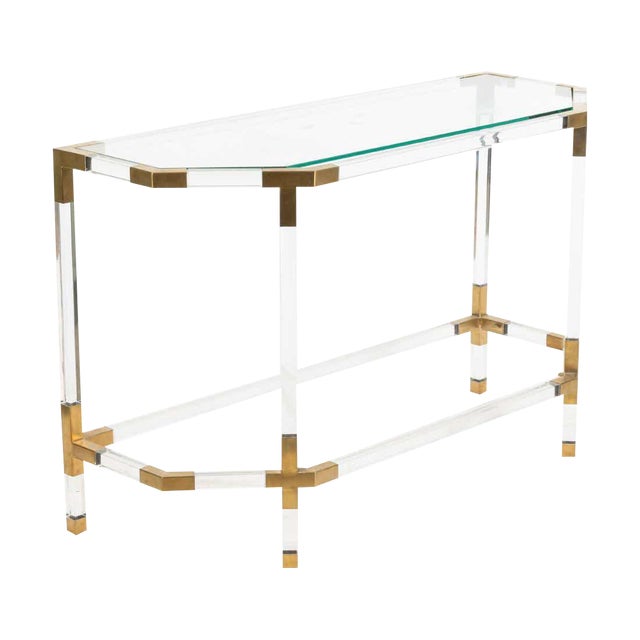 1970s Modern Hollywood Regency Lucite and Brass 2 Tier Console Table Att. Charles Hollis Jones For Sale