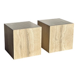 Travertine Polished Cube Coffee Table or Side Tables Italian - Pair For Sale