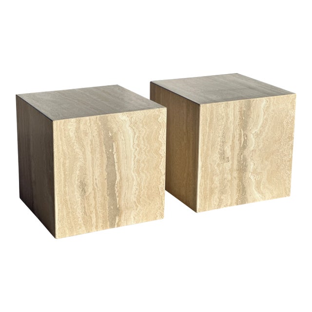 Travertine Polished Cube Coffee Table or Side Tables Italian - Pair For Sale