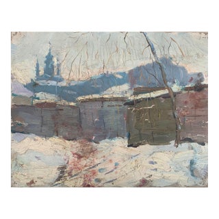 Winter Rural Landscape Painting, Impressionism, Ukrainian Artist (1970s) 23-29 For Sale