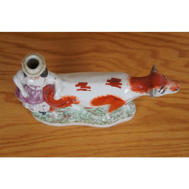 Mid 19th Century Antique 19th Century Staffordshire Porcelain Cow Milk Maid Spill Vase Creamer For Sale - Image 5 of 12